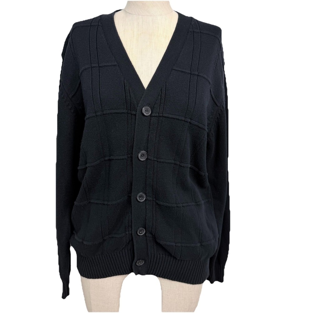 Oscar De La Renta Black Knit V-Neck Button Front Cardigan Minimalist Luxury M